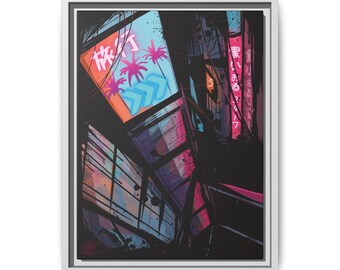 Neon City Alley Matte Canvas Framed | Vaporwave Urban Nightscape