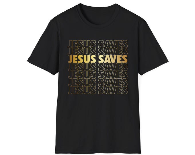 Featured listing image: Jesus Saves T-Shirt | Repeated Text Graphic Christian Tee