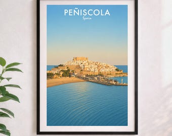Póster del casco antiguo de Peñíscola, España – Arte mural costero mediterráneo