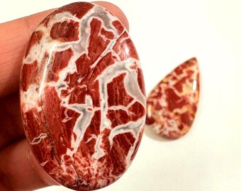 May include: Two polished gemstones with a striking red and white pattern. The larger stone is oval-shaped, while the smaller one is teardrop-shaped. The intricate veining creates a unique, natural design. These stones are ideal for jewelry making or collecting.