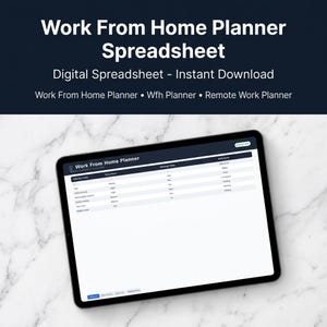Puede incluir: Una tableta digital que muestra una "Hoja de cálculo del planificador de trabajo desde casa". La pantalla muestra una tabla con columnas para tareas, prioridad, estado y reuniones. El texto del título es blanco sobre un fondo azul oscuro.