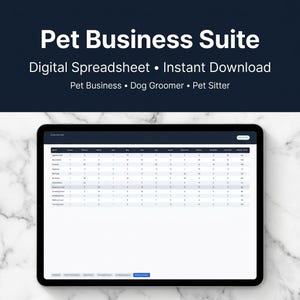 Könnte beinhalten: Ein Tablet zeigt eine digitale Tabelle, wahrscheinlich für ein Tierunternehmen. Der Bildschirm zeigt eine Tabelle mit Daten. Der Text oben lautet "Pet Business Suite". Zusätzlicher Text umfasst "Digitales Tabellenkalkulationsprogramm" und "Sofort-Download".