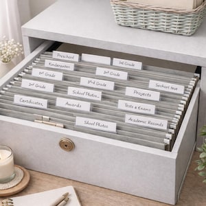 May include: A light gray file cabinet drawer filled with labeled hanging file folders. Labels include "Preschool", "1st Grade", "Certificates", and "Awards". A wicker basket sits on top, and a lit candle and notepad are visible.