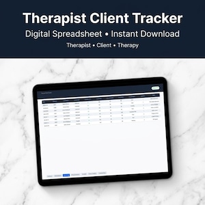 Può includere: Un tablet nero mostra un foglio di calcolo digitale intitolato "Therapist Client Tracker". Lo schermo mostra righe di dati, inclusi i nomi dei clienti e i dettagli delle sessioni. Il testo in alto recita "Digital Spreadsheet • Instant Download."