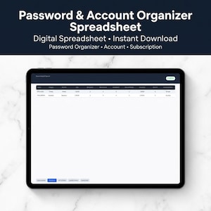 Puede incluir: Una tableta negra muestra una hoja de cálculo digital titulada "Password & Account Organizer". La pantalla muestra filas y columnas de datos. Encima de la tableta, el texto dice "Password & Account Organizer Spreadsheet".