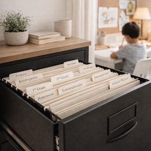 May include: An open black file cabinet drawer displaying labelled file folders. Labels include "Preschool", "Kindergarten", "1st Grade", "Homework", "Extracurricular", and "School Photos". The cabinet has a wooden top, in a bright room.