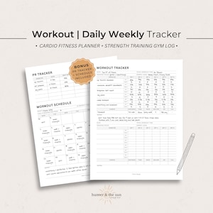 Daily Weekly Fitness Workout Planner | PR Tracker Strength Training Exercise Log Monthly Calendar