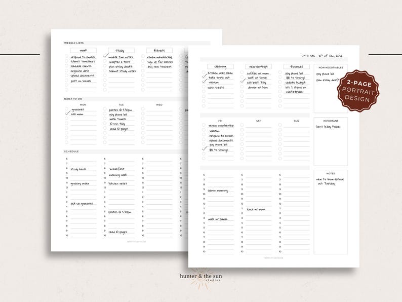 May include: Two-page portrait design planner with weekly lists, daily to-do, and schedule sections. The planner includes sections for work, study, and fitness. The pages are white with black text and a brown logo that says "2-page portrait design".