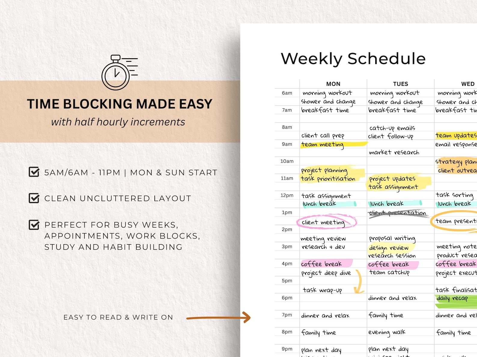 Half Hourly Weekly Schedule Printable | 30-min Time Blocking Planner ...