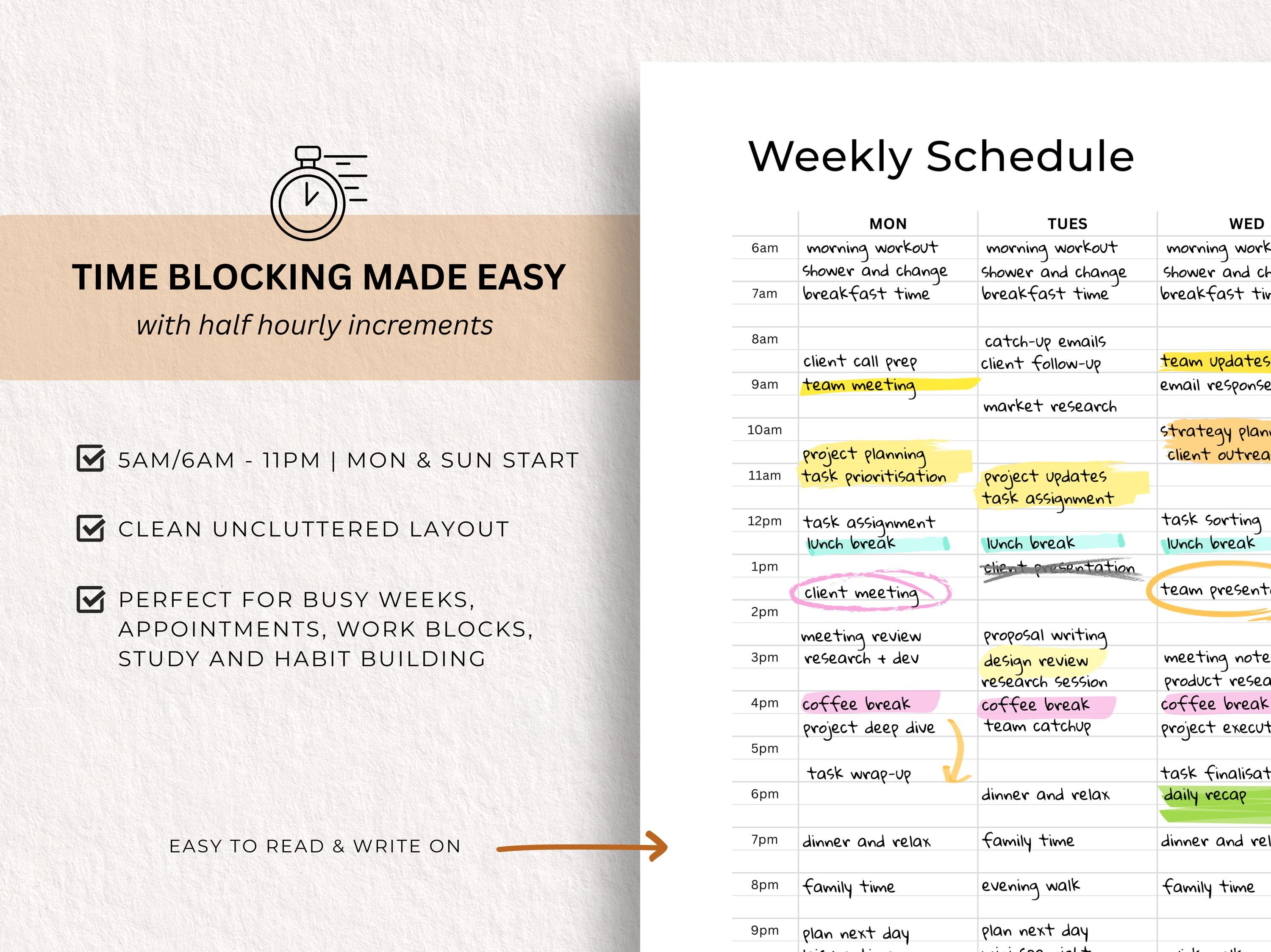 Half Hourly Weekly Schedule Printable | 30-min Time Blocking Planner ...