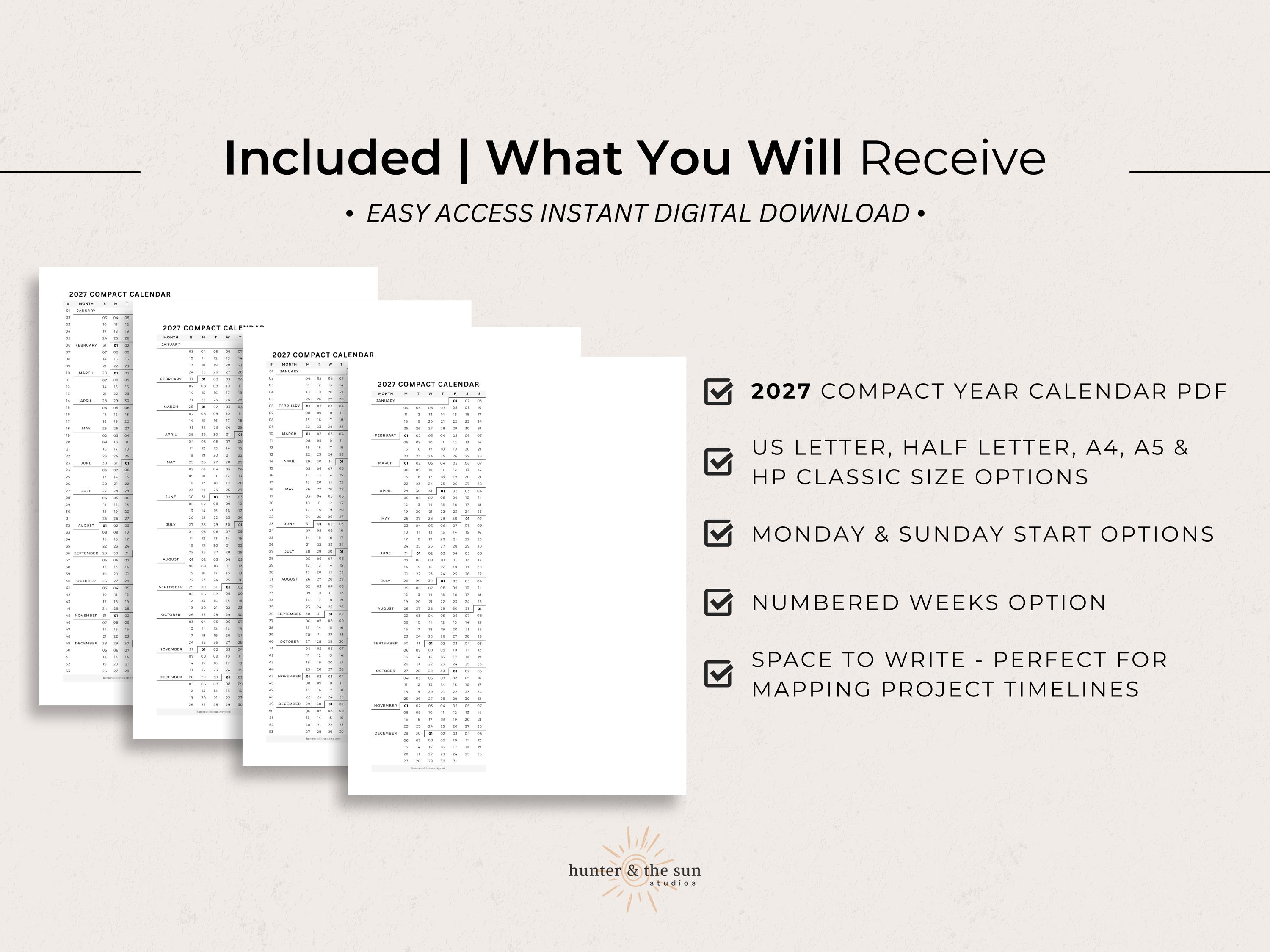 2027 Compact Year Calendar Printable: One Page Year-at-a-glance Planner ...