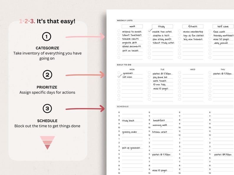 May include: A white planner page with a pink accent, featuring a step-by-step guide: categorize, prioritize, and schedule. The planner includes weekly lists, daily to-do sections, and a schedule for time management. Text includes "1-2-3. It's that easy!"