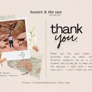 May include: A thank you card with a photo of a person in a landscape, the words "thank you," and text about supporting a small business. The card includes the text "handmade designs from Tasmania, Australia" and a website address.