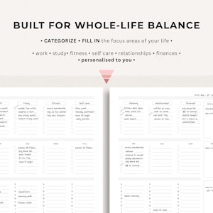 May include: A white planner with a minimalist design, featuring sections for weekly lists, daily to-dos, and schedules. The planner includes the text "BUILT FOR WHOLE-LIFE BALANCE" and prompts for work, study, fitness, self-care, relationships, and finances.