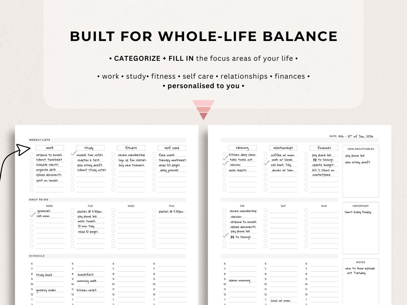 May include: A white planner with a minimalist design, featuring sections for weekly lists, daily to-dos, and schedules. The planner includes the text "BUILT FOR WHOLE-LIFE BALANCE" and prompts for work, study, fitness, self-care, relationships, and finances.
