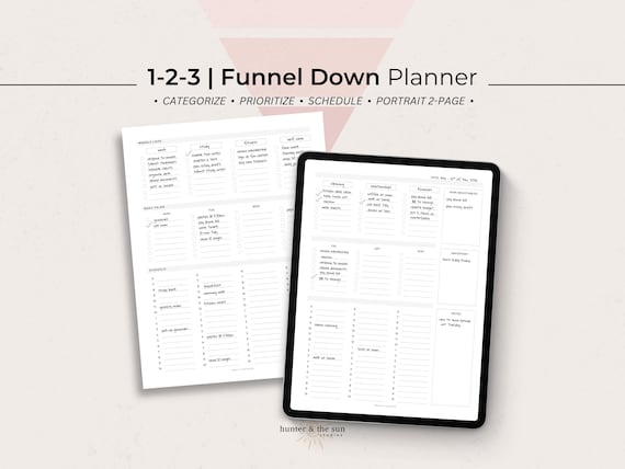 1-2-3 Funnel Down Planning System: 2-Page Weekly Spread UNDATED (Executive Dysfunction Printable PDF)
