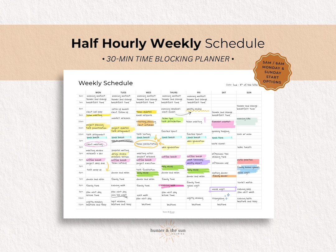 Half Hourly Weekly Schedule Printable | 30-min Time Blocking Planner ...
