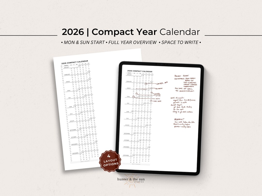 2026 Compact Year Calendar Printable: One Page Year-at-a-glance Planner ...