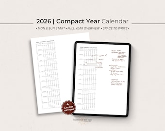 Calendario compacto imprimible para el año 2026: Plantilla de planificador de una página con resumen anual (PDF)