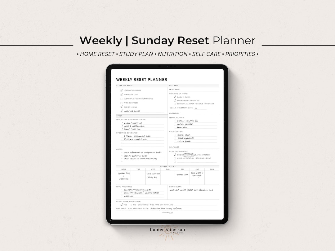 Weekly Sunday Reset Planner Template | Study Schedule & Wellness Habits ...
