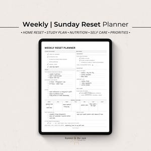 May include: A black tablet shows a "Weekly | Sunday Reset Planner" with sections for home reset, study plan, nutrition, self-care, and priorities. The screen displays a detailed checklist for wellness, nutrition, and weekly tasks. The text "hunter & the sun" is at the bottom.