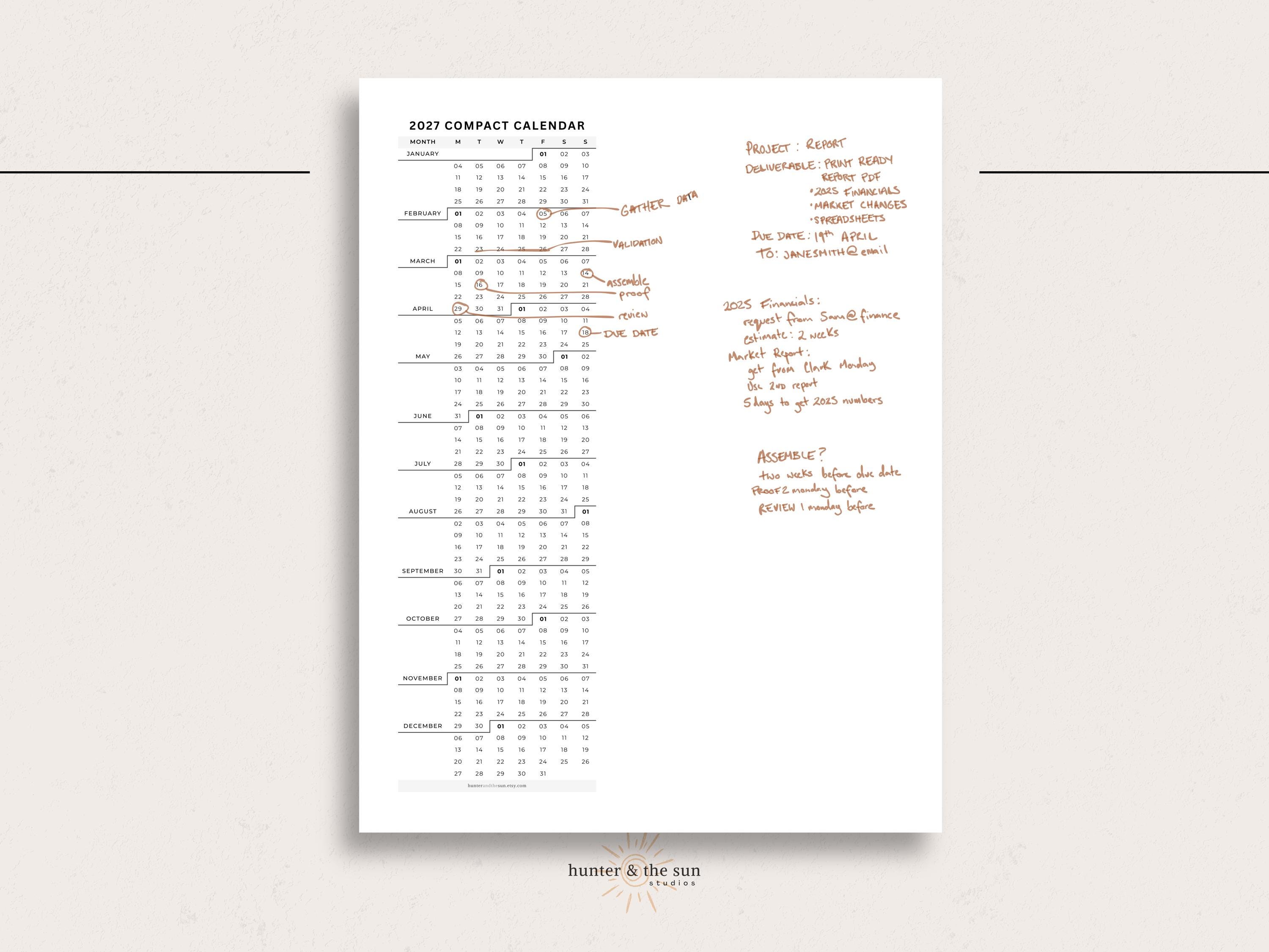 2027 Compact Year Calendar Printable: One Page Year-at-a-glance Planner ...