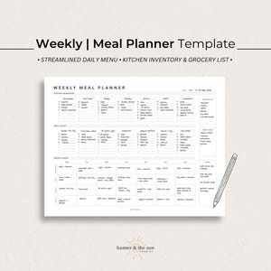 Weekly Meal Planner Printable with Kitchen Inventory + Grocery List | Menu Organizer Meal Prep System