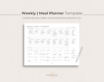 Weekly Meal Planner Printable with Kitchen Inventory + Grocery List | Menu Organizer Meal Prep System