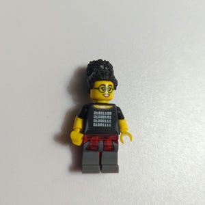 May include: A Lego minifigure of a person with black curly hair, glasses, and a black shirt with binary code. The figure has yellow hands and a yellow head. The pants are gray with a red and black pattern.