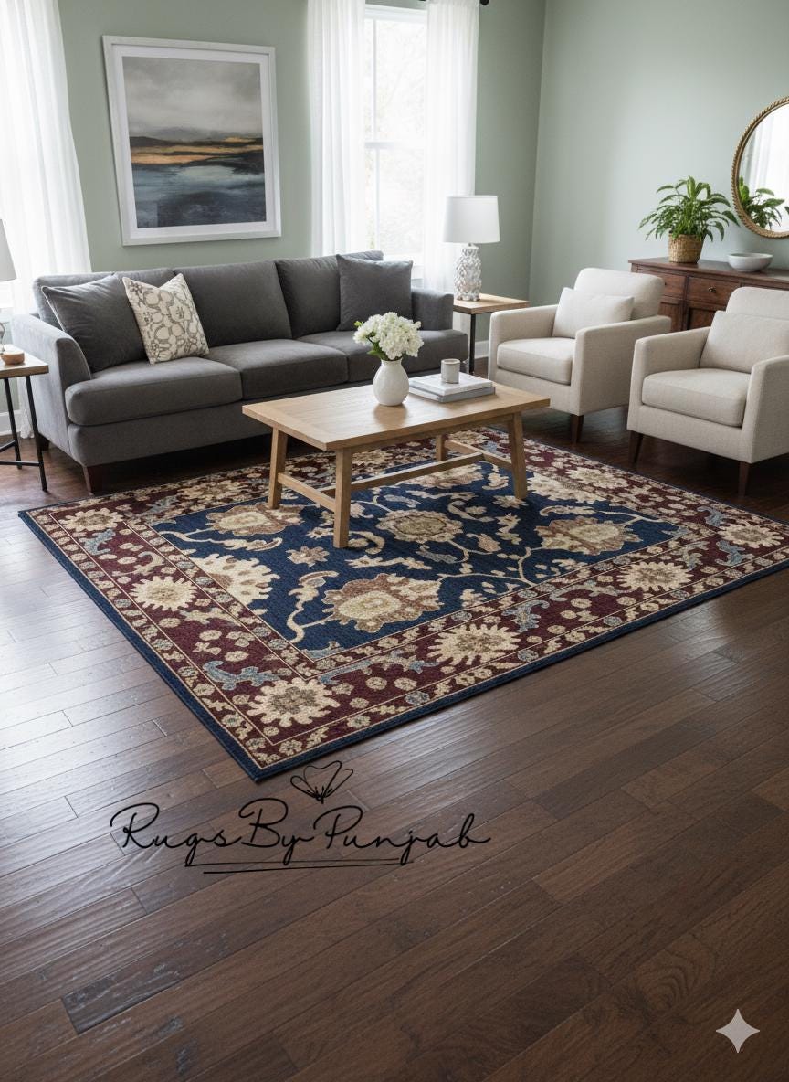 手織りウールラグ：ネイビーブルー＆バーガンディのペルシャ風