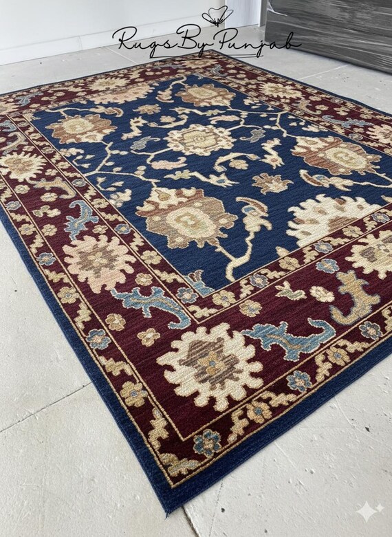 手織りウールラグ：ネイビーブルー＆バーガンディのペルシャ風