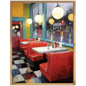 May include: A framed painting of a diner interior. Red booths and tables are set against a backdrop of a rainy street scene viewed through large windows. Overhead, round lights illuminate the space, creating a warm, inviting atmosphere.