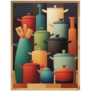 May include: A framed art print depicting a still life of kitchenware. The artwork shows a collection of pots and pans in shades of red, orange, green, blue, and black, with a teal vase holding wooden spoons. The background has a geometric pattern. The artwork is in a wooden frame.