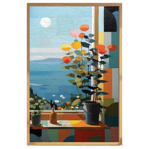 Könnte beinhalten: Ein gerahmter Kunstdruck einer lebendigen Küstenlandschaft. Das Kunstwerk zeigt einen Blick durch ein Fenster mit blauem Himmel und weißem Mond, einem Gewässer und bunten Blumen in einem schwarzen Topf. Eine Flasche steht auf der Fensterbank.