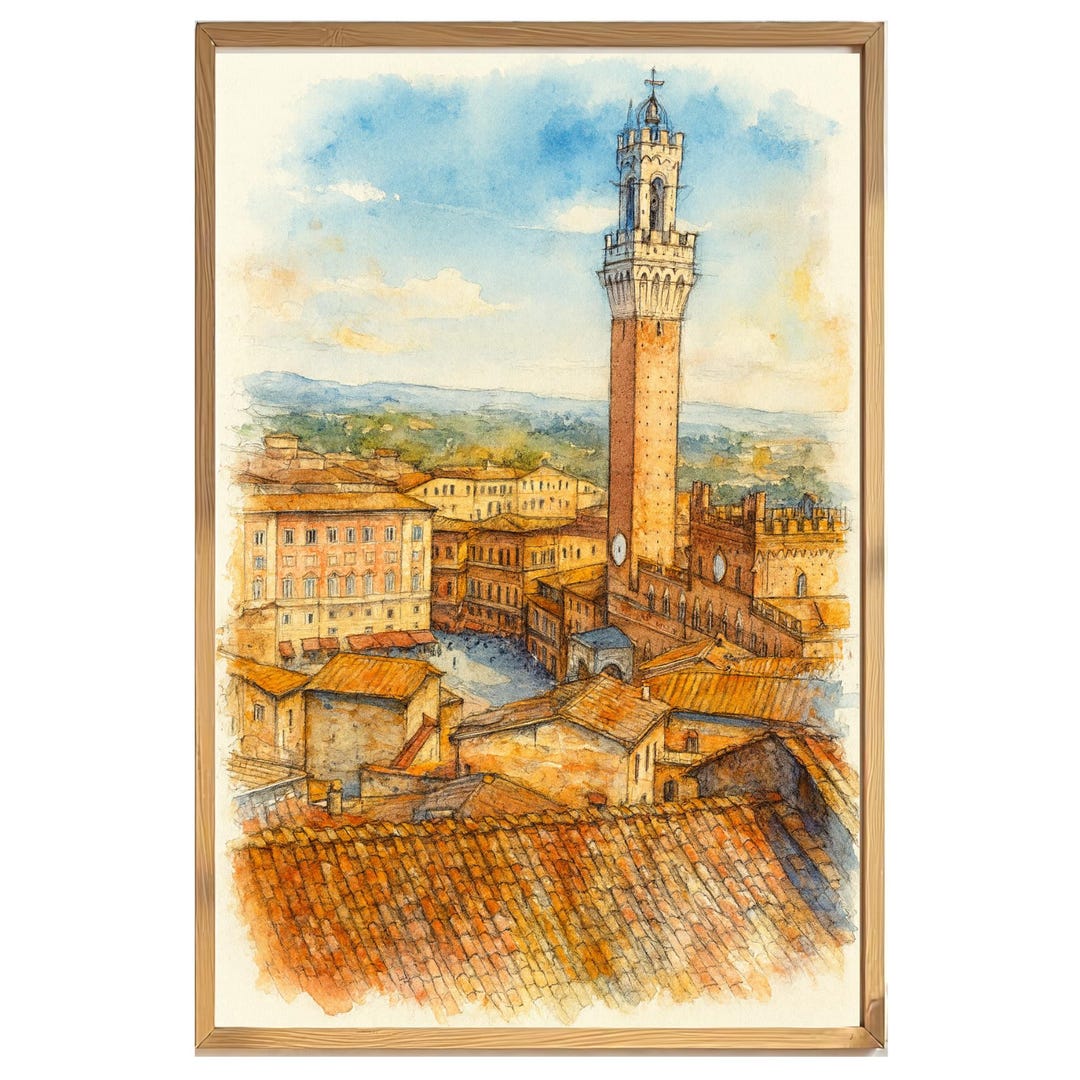水彩画 シエナ カンポ広場 プリント：トスカーナの風景、イタリア