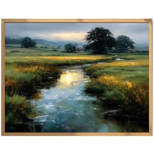 May include: A framed landscape painting depicts a serene countryside scene. A winding river reflects the sunlight, flowing through green fields and grassy banks. Trees and a small house are visible under a cloudy sky.