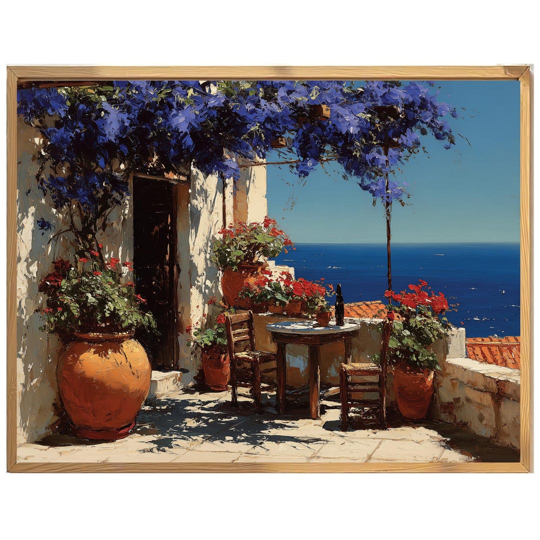 Mediterranean Terrace Wall Art Print, Impressionist Coastal Painting ...