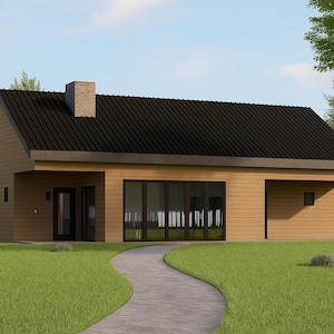 Może przedstawiać: Nowoczesny, parterowy dom z brązową elewacją, czarnym dachem i ceglanym kominem. Duże szklane drzwi i okna zapewniają obfite naturalne światło. Brukowana ścieżka prowadzi do wejścia.