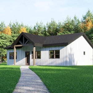 May include: A contemporary white house with a black roof and wooden features. The house has a porch and windows. A stone path leads to the front door, surrounded by green grass and trees.