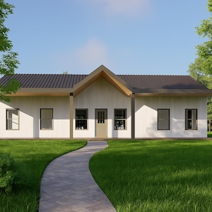 May include: A modern white house with a dark gray roof and a light brown trim. The house has several windows and a front door. A stone path leads to the house through a green lawn, with trees on either side.