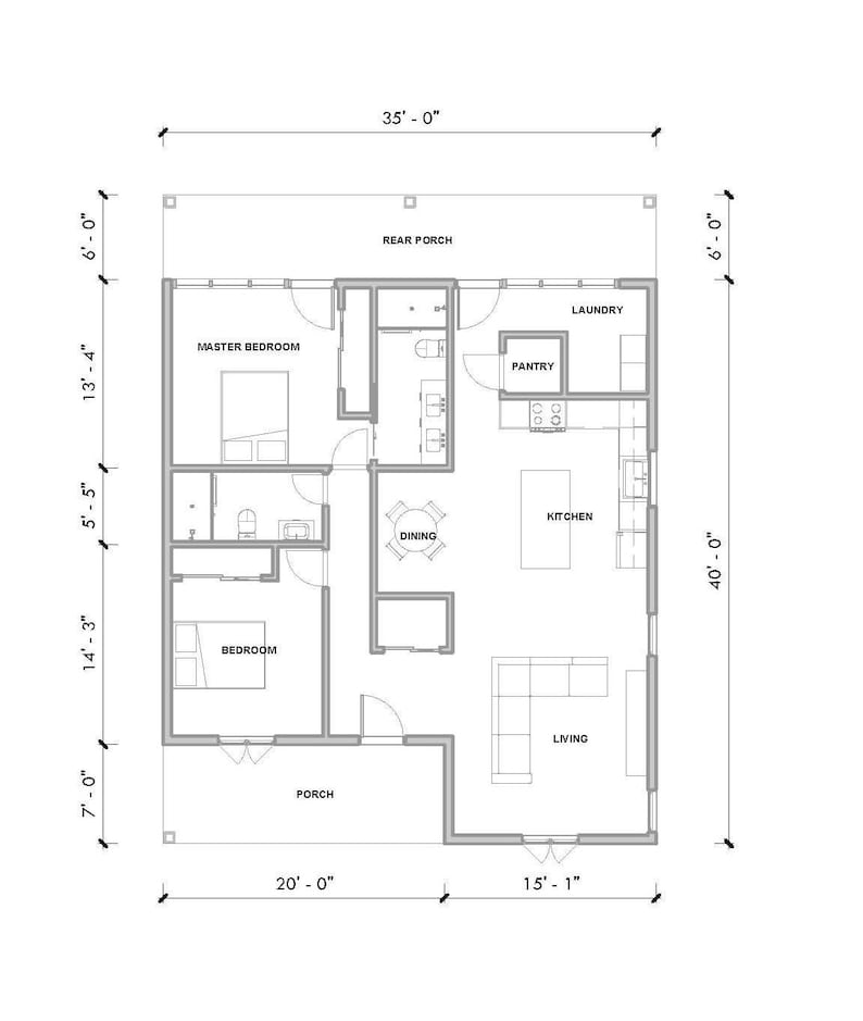 House Plan | 2 Bedroom 2 Bath | 35x40 Feet | 1,400 Sq Ft Floor Plan ...