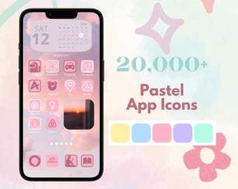 Op de afbeelding: Een smartphone toont een aangepast startscherm met pastelkleurige app-pictogrammen. Het scherm toont de datum, een kalender en app-pictogrammen voor verschillende sociale media en andere apps. De tekst "20,000+ Pastel App Icons" is ook aanwezig.