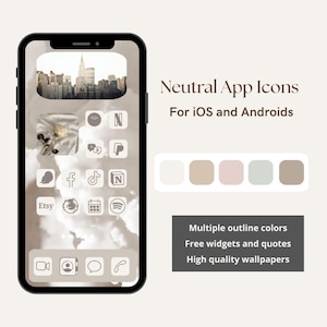 May include: A smartphone screen showcases neutral app icons for iOS and Android devices. The display features a cityscape wallpaper and various app icons in a neutral colour scheme. The image also includes colour swatches and text: "Multiple outline colours, Free widgets and quotes, High quality wallpapers."