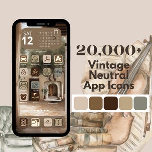 May include: A smartphone screen displaying a custom interface with brown and beige app icons, a calendar widget, and the text 20,000+ Vintage Neutral App Icons. The background features a watercolor illustration of a violin and stacked books.