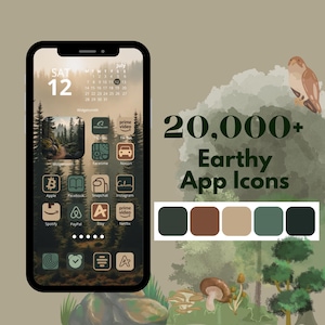 Op de afbeelding: Een smartphonescherm met een interface in bosthema met aangepaste app-pictogrammen in tinten bruin, beige en donkergroen. De tekst 20,000+ Earthy App Icons is zichtbaar naast een kleurenpalet van vijf vierkanten in bijpassende aardetinten.