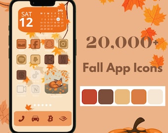 May include: A smartphone screen featuring autumn-themed app icons, including a fox illustration. The screen displays the date as Saturday, July 12. The image includes the text "20,000+ Fall App Icons" and a colour palette.