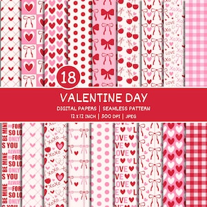 Red and Pink Valentine Digital Papers scrapbook papers Coquette Bow Background Heart Backgrounds Seamless pattern file.
