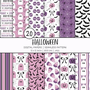 Könnte beinhalten: Eine Sammlung von 20 digitalen Papieren mit nahtlosen Halloween-Mustern in Lila, Pink, Schwarz und Weiß. Die Designs zeigen Geister, Totenköpfe, Kürbisse, Fledermäuse, Spinnen, Netze, Schleifen, Zuckermais und Text wie BOO TO YOU.