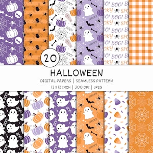 May include: A collection of 20 Halloween digital papers featuring seamless patterns with ghosts, pumpkins, spiders, webs, bats, bones, and candy corn in orange, purple, black, and white. The text reads HALLOWEEN DIGITAL PAPERS SEAMLESS PATTERN 12 X 12 INCH 300 DPI JPEG.