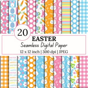 May include: A set of 20 Easter-themed seamless digital papers. The patterns feature bunnies, carrots, eggs, flowers, polka dots, and gingham in various colours. Each paper is 30.48 x 30.48 cm and 300 dpi.